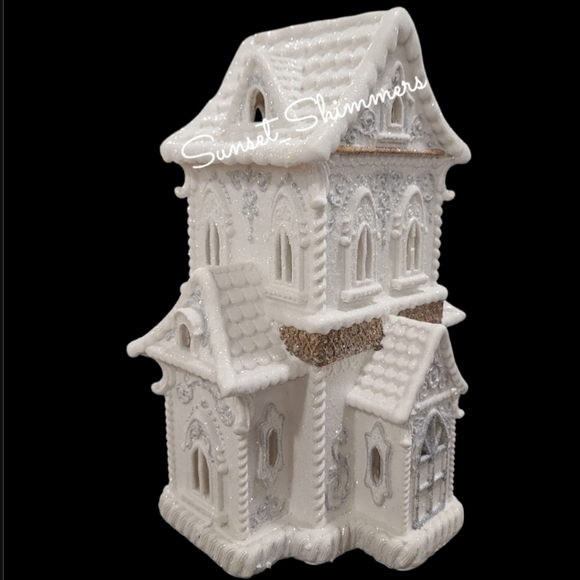 14" White Glitter Icing Scrollwork LED Lighted Victorian Gingerbread House New - Picture 2 of 10